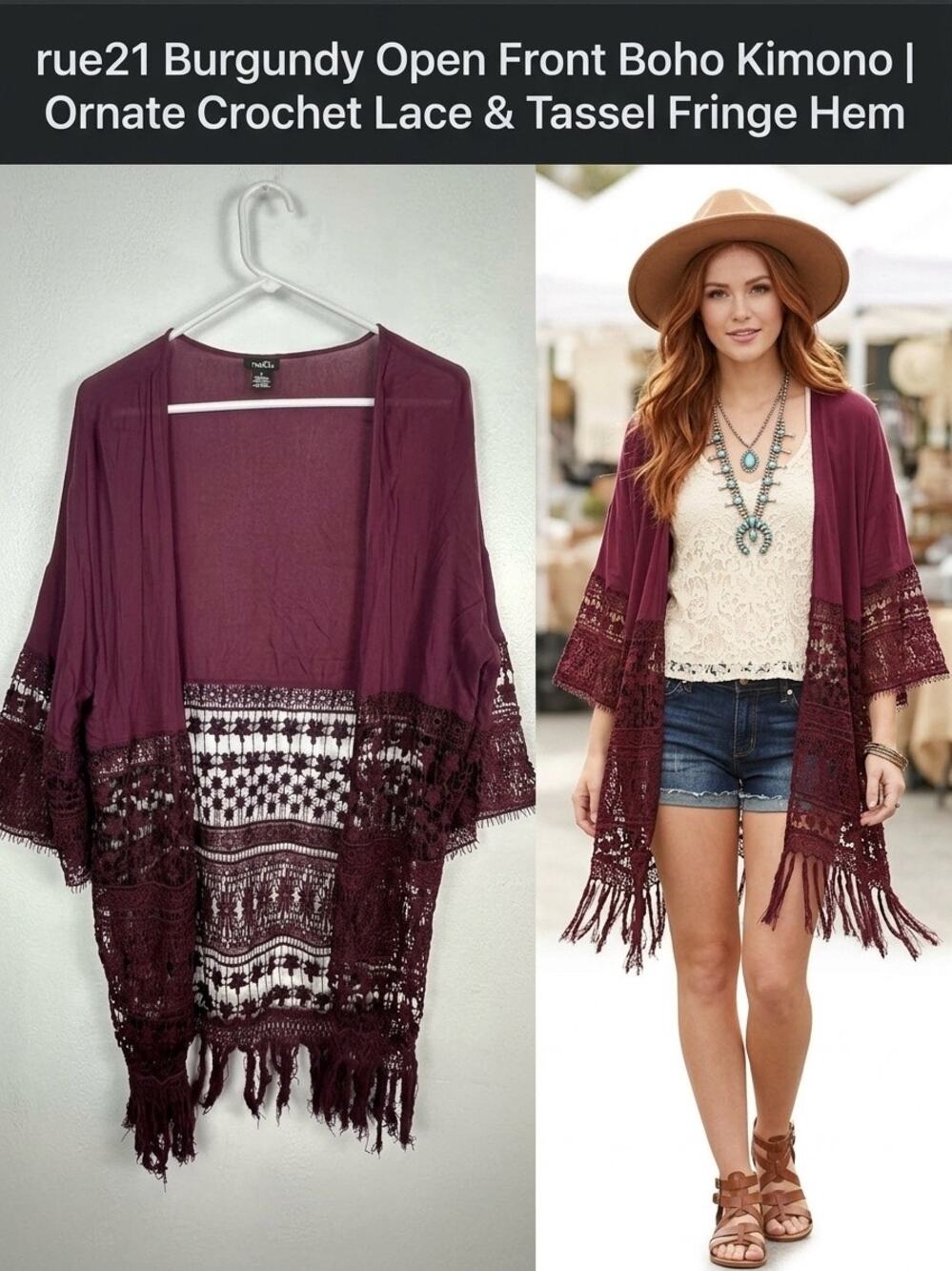 rue21 Women's Burgundy Open-Front Kimono Cardigan Floral Crochet fringe small